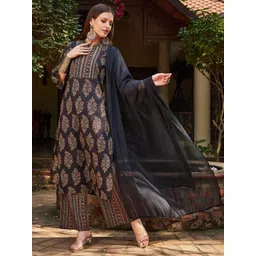 Shae by SASSAFRAS Floral Printed Mandarin Collar Pure Cotton Kurta With Palazzos & Dupatta-picture-20