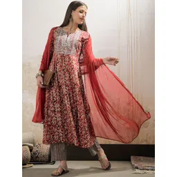 Shae by SASSAFRAS Floral Printed Notch Neck Pure Cotton Kurta With Trousers & Dupatta-picture-14