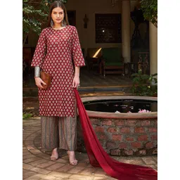 Shae by SASSAFRAS Floral Printed Pure Cotton Straight Kurta With Palazzos & Dupatta-picture-12