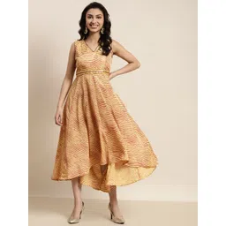 Shae by SASSAFRAS Mustard Yellow & Brown Lehariya High Low Crepe Anarkali Maxi Dress-picture-42