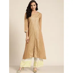 Shae by SASSAFRAS Women Beige & Golden Foil Print Panelled Liva Straight Kurta-picture-41
