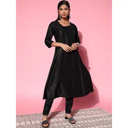 Shae by SASSAFRAS Women Black Solid Mirror Work A-Line Kurta-picture-38