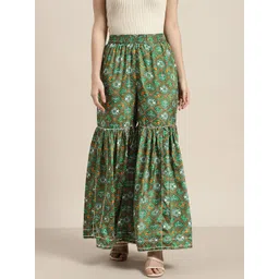 Shae by SASSAFRAS Women Green Floral Printed Flared Ethnic Palazzos-picture-36