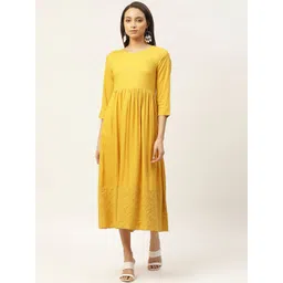 Shae by SASSAFRAS Women Mustard Yellow Solid A-Line Dress With Schiffli Detail-picture-45