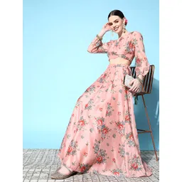 Shae by SASSAFRAS Women Peach-Coloured & Red Printed Ready to Wear Lehenga Choli-picture-15