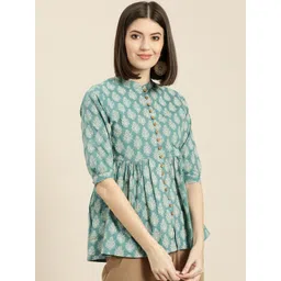 Shae by SASSAFRAS Women Teal Blue & Off-White Printed A-Line Pure Cotton Top-picture-33