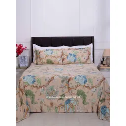 Shahenaz Beige & Blue 300 TC Cotton Magnolia Vine Luxury Double Bedsheet with 2 Pillow Covers-picture-26