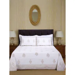 SHAHENAZ Beige & White Floral 220 TC Queen Bedsheet with 2 Pillow Covers-picture-10