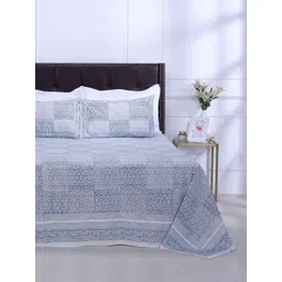 SHAHENAZ Blue & White Floral 120 TC King Bedsheet with 2 Pillow Covers-picture-24