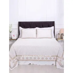 Shahenaz White & Golden 120 TC Cotton Jia Booti Luxury Double Bedsheet with 2 Pillow Covers-picture-34