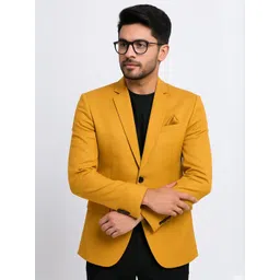 Shahi Achkan Men Mustard Slim Fit Notched Lapel Collar Formal Blazer-picture-31