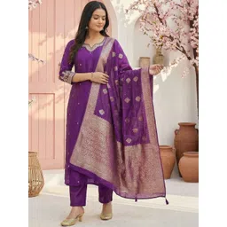 SHAHI COLLECTION Women Ethnic Motifs Embroidered Regular Pure Silk Kurta with Trousers & With Dupatta-picture-38