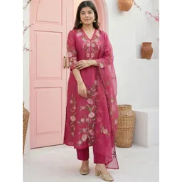 SHAHI COLLECTION Women Floral Embroidered Regular Thread Work Pure Silk Kurta with Trousers & With Dupatta-picture-18
