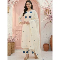 SHAHI COLLECTION Women Floral Embroidered Regular Thread Work Pure Silk Kurta with Trousers & With Dupatta-picture-21