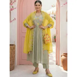 SHAHI COLLECTION Women Floral Embroidered Tiered Thread Work Pure Silk Kurta with Trousers & With Dupatta-picture-10