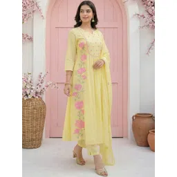 SHAHI COLLECTION Women Floral Embroidered Tiered Thread Work Pure Silk Kurta with Trousers & With Dupatta image 2