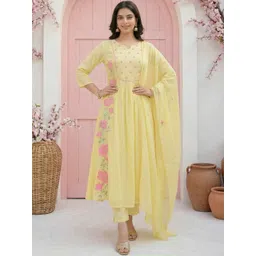 SHAHI COLLECTION Women Floral Embroidered Tiered Thread Work Pure Silk Kurta with Trousers & With Dupatta image 1