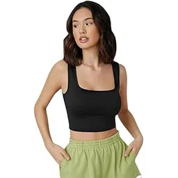 shahveer creation Women's Square Neck Crop Top, Sleeveless Athletic Tank, Black-picture-26