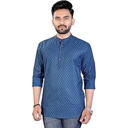 shajara Men's Blue Cotton Blend Kurta - Premium with Mandarin Collar, Patterned Design, and Three-Button Placket for Casual Gatherings, Festive Celebrations, and Cultural Events-picture-42