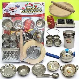 SHAKTISM Steel Kitchen Set Toys for Kids Role Playing Kitchen Set of Stainless Steel with Wooden Chakla Belan Set, Master Chef Role Playing Kitchen Set Master Chef for Kids - No 2-picture-22
