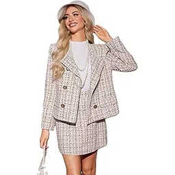 shakuntlam fashion house Women’s Cotton Blend 3-Piece Co-Ord Set – Checked Round Neck Blazer, Mini Skirt & White Crop Top | Stylish Formal & Casual Wear Outfit for Office, Parties & Travel – Cream-picture-24