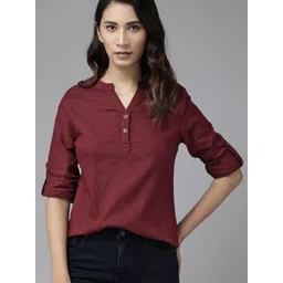 SHALIG Women Solid Mandarin Collar Roll-Up Sleeves Cotton Top-picture-14