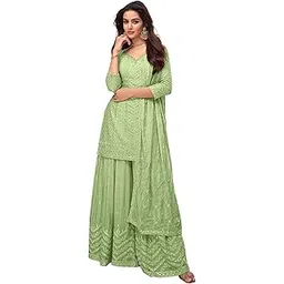 shampysky Women's Pista Chinon Stitched Top With Bottom and Dupatta 3/4 Sleeve Embroidered Kurta Palazzo Set (SSW-1250-Pista)-picture-45