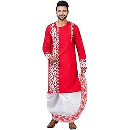 Shantiniketan Kanthastitch Men's Traditional Kurta with White Embroidery, Red, Handcrafted Bengali Design-picture-35