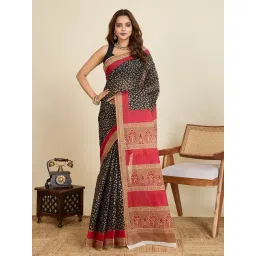 SHANVIKA Black Cotton Geometric Saree Without Blouse Piece-picture-28