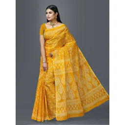 SHANVIKA Mustard & Off White Floral Pure Cotton Block Print Saree-picture-37