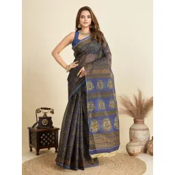 SHANVIKA Navy Cotton Floral Saree Without Blouse Piece-picture-10