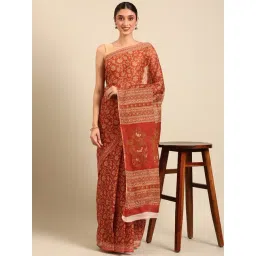 SHANVIKA Rust Pure Cotton Floral Print Saree Without Blouse Piece-picture-10