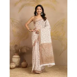 SHANVIKA White & Brown Cotton Floral Saree Without Blouse Piece-picture-13