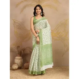 SHANVIKA White & Green Cotton Floral Saree Without Blouse Piece-picture-21
