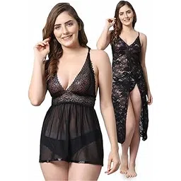 shararat Women Baby Doll Nightwear/Lingerie Combo Pack with G String Lace Panty/Honeymoon Dress/Black : (Pack of 2)|| Featured in Shark Tank India ||-picture-24