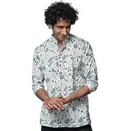 shasak White Floral Print Full Sleeves Short Kurta for Men (S-10XL)-picture-38