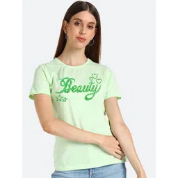 shashvi Women Sea Green Typography Printed Cotton T-shirt-picture-39