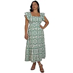 Girl's & Women's White and Green Boho Random Print Casual Vacation Ruffled Square Neck Short Sleeve Summer Dresses with All Over Print Maxi, Dress for Women Elegant (Dress 229)-image-7