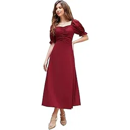 shasmi Girl's & Women's Solid A-Line Ruched Puff Sleeve Maxi Long Evening One Piece Long Dress for Women Stylish (Dress 131)-picture-21