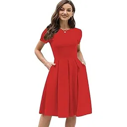 shasmi Girl's & Women's Solid Color Solid Slant Pocket Fold Pleated, Women Cocktail Party Vintage Style with Pockets Big Swing Simple Retro Dress (Dress 166)-picture-10