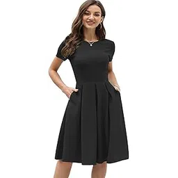 shasmi Girl's & Women's Solid Color Solid Slant Pocket Fold Pleated, Women Cocktail Party Vintage Style with Pockets Big Swing Simple Retro Dress (Dress 166)-picture-26