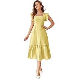 shasmi Girl's & Women's Solid Color Square Neck, Ruffle-Trimmed Hem Sleeveless, Ruffle Armhole and Casual Dress with Cinched Waist Vacation Outfits Woman (Dress 162)-picture-29