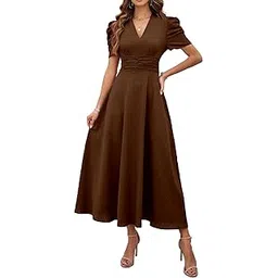 shasmi Girl's & Women's Solid Color V-Neck A-Line Maxi Dress for Women | New Year Party Outfit | Waist Cinched Puff Sleeve Western Dress | Elegant Casual Wear (Dress 246)-picture-51