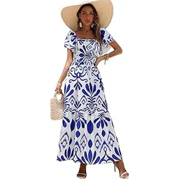 shasmi Girl's & Women's White and Blue Floral Print Layered Short Sleeve Square Neck Ruffle High Waist A Line Summer Long Maxi Dress with All Over Print Outfit (Dress 228)-picture-34