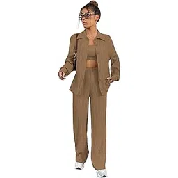 shasmi Women’s 3-Piece Co-ord Set – Solid Button Front Shirt, Strapless Tube Top & Wide Leg Pants | Casual Loose Fit Western Outfit for Daily Spring/Fall Wear (Co-Ord-208)-picture-38