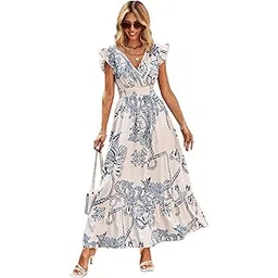 shasmi Women's & Girl's Boho Hot Pink V-Neck Printed Dress with Ruffled Hem and Belted Waist for Vacation, One Piece Maxi for Women's Casual Dresses (140 Dress)-picture-55