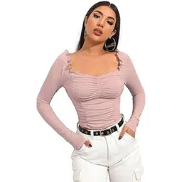 shasmi Women's & Girl's Full Sleeve, Sweat Hear Neck, Frill Trim Ruched Crop Top for Women, Tops, Slim Fit T-Shirts for Girls (Top 71 Black Small)-picture-49