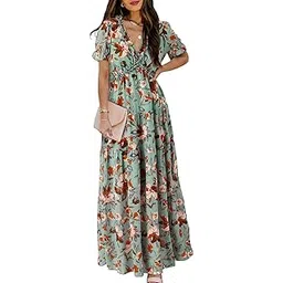 shasmi Women's Casual Green Floral Printed Ruched V Neck Short Flutter Sleeve Lapel Tie Waist Split Long One Pic Western Party Dress for Women (Gown Dress 251)-picture-46