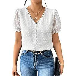 shasmi Women's Elegant French Textured Fabric Solid Color Lace Panel V-Neck Jacquard Blouse,Short Puff Sleeve Tops Simple Daily Spring/Summer Casual Blouse Shirt (Top 178)-picture-24