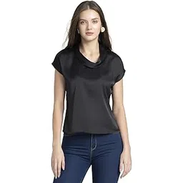 shaye Black Casual Sleeveless Cowl Neck Solid Satin Top for Women-picture-38